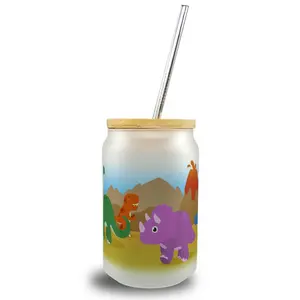 Стакан для питья с бамбуковой крышкой и изображением разноцветных динозавров speecheese