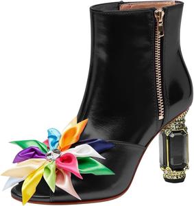 Женские ботильоны с открытым носком FYS, на высокой массивной подошве, короткие ботинки, украшенные цветами и стразами, с боковой молнией, модная обувь, размеры 4-16 США, Black