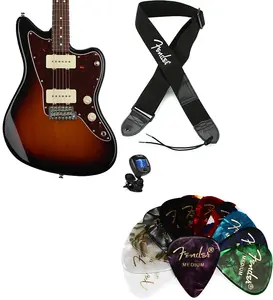 Fender American Performer Jazzmaster - 3-цветный солнечный взрыв с грифом из розового дерева. Комплект с ремнем Fender с логотипом из полиэстера 2" - черный с белым логотипом... (4 предмета)