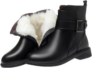 Женские короткие теплые ботинки Niiyyjj из натуральной кожи, большие размеры, мотоциклетные ботинки, регулируемые пряжки, ботинки до щиколотки, Black Wool