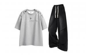 Повседневный спортивный свитер с круглой горловиной Unisex Moderate X1617, heather серый short-sleeved+черный jeans