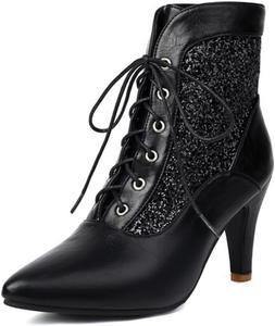 Женские модные ботильоны Aflngle с блестками, шнуровкой и высокими каблуками-стилетто, сексуальные блестящие с заостренным носком, комбинированные, для свадьбы, вечеринки, короткие ботильоны, Black