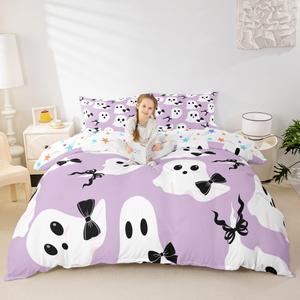 Erosebridal Комплект постельного белья Happy Halloween с принтом привидений в бело-фиолетовой гамме и черными бантами, Purple White Black