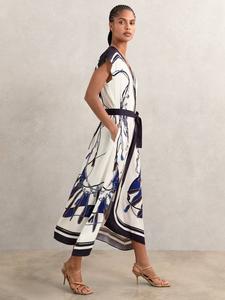 Платье миди Gemma с принтом в виде шарфа Reiss, Blue/Brown