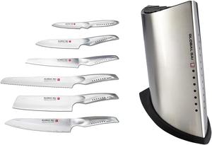 Global SAI Набор ножей 7 предметов с подставкой - легкая японская нержавеющая сталь, острое лезвие, кованое вручную, упор для большого пальца, произведено в Японии, SAI-7001, серебряный