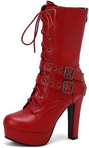 Женские сапоги Viuluti Europe на средней голени с высокими каблуками, военные, с пряжкой и ремешком, боевые ботинки до щиколотки, Red
