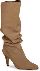 Женские свободные высокие сапоги Coutgo до колена с широким голенищем, каблук-лодочка, заостренный носок, модель без застежки, зимняя обувь, Coffee