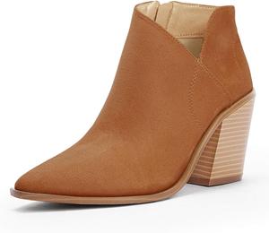 Женские ботильоны с заостренным носком, с массивным каблуком и вырезами, боковой молнией, осенние ботинки Coutgo, Golden Brown Suede