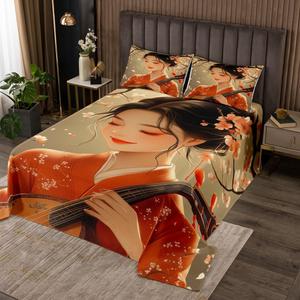 Erosebridal Комплект постельного белья Ancient Style в японском стиле с цветущей сакурой, Pink Red Black