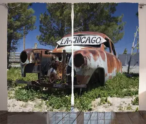 Штора в деревенском стиле ABAKUHAUS, старая брошенная машина, США, для спальни, присборенная, с петлями и крючками, 280 x 245 см, коричнево-зелено-голубая Abakuhaus