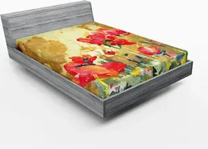 Простыня на резинке ABAKUHAUS Art, Маки, цветущий луг, пейзажная композиция, идиллическая травяная картина, 150 x 190 см, многоцветная Abakuhaus