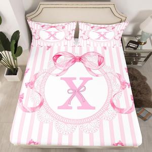 Erosebridal Комплект постельного белья Alphabet Initial Letter X с бантом и розовыми кружевными полосками, глубокий карман, Pink Letter X
