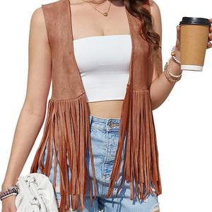 Женский жилет с бахромой 70-х в стиле хиппи из искусственной замши с кисточками Clearflower, Brown