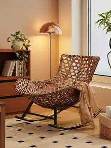 Yu Senyi Кресло-качалка из ротанга, серый каркас с коричневой медовой толстой подушкой, съемная и моющаяся