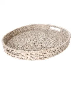 Овальный поднос из ротанга для пуфика от компании Artifacts Trading Company с вырезанными ручками, белый
