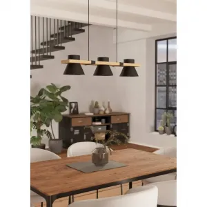 Подвесной светильник MACCLES, сталь и дерево, лампа для столовой, винтаж, лампа E27 1 шт. Подвесной светильник, L78 x B18 x H110 см, черный, коричневый, 3X15W без учета ламп Eglo, черный/коричневый