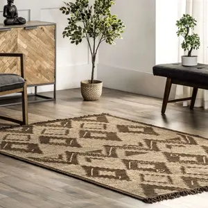 Коврик для пола Tegan Bohemian из кожи и джута с алмазным узором nuLOOM, 152x244 см, бежевый