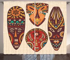 Красно-коричневая штора в деревенском стиле ABAKUHAUS с изображением масок коренных народов, присборенная штора для спальни с петлями и крючками, 280 x 175 см, разноцветная Abakuhaus