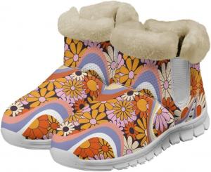 Женские зимние ботинки JoyLamoria Hippie Flower, укороченные ботинки с противоскользящей подошвой, мягкой стелькой из памяти формы, пушистые низкие ботинки, модные цветочные прогулочные ботиночки для женщин, легкие босоногие ботинки