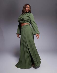 Длинная юбка ASOS DESIGN Curve с заниженной талией и складками оливкового цвета