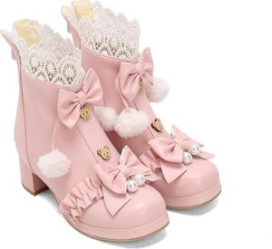 Лолита платформенные ботильоны с бантом, средней высоты массивный каблук, жемчужная молния, милые, повседневные, для вечеринок, нарядные, для прогулок RUSAUISE, Pink/Pu