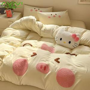 AVIVI Комплект постельного белья 2.0 м, 4 предмета, пододеяльник 200x230 см, Xiaoxiaozhu, бежевый, хлопок, вышивка