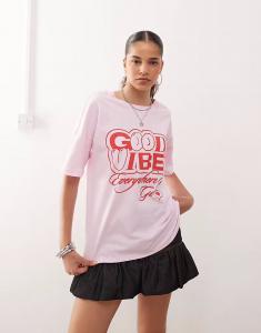 Футболка свободного кроя Noisy May с принтом хорошего настроения в светло-розовом цвете