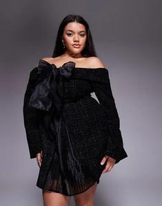 Мини-платье ASOS LUXE Curve с плиссированной юбкой и бантом, черное
