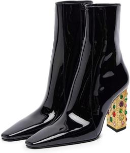 Женские ботильоны Zszszsu с квадратным носком, боковой молнией, многоцветными украшениями из камней, на высоком каблуке, элегантные туфли для вечеринок и выпускных, размер 4-16 US, Black