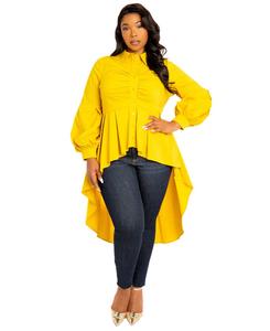 Блузка больших размеров с асимметричным подолом и баской Buxom Couture, Mustard