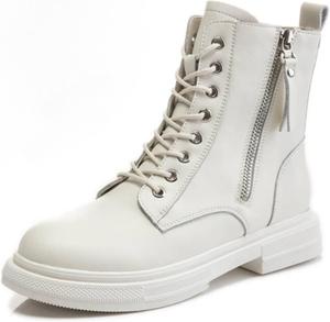 Женские боевые ботинки на платформе, ботильоны с боковой молнией, шнуровкой, толстой подошвой и массивной кожаной отделкой для зимних прогулок, городская мода Silanway, White (Fleece Lining)