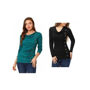 2 упаковки женских блузок с капюшоном и пуговицами, длинными рукавами и рюшами ALLEGRA K, цвет Black Blue Green