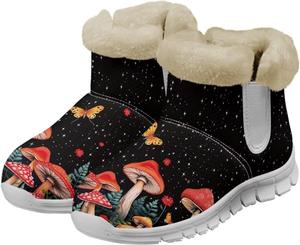 Зимние ботинки Howilath с принтом грибов для женщин, противоскользящие с меховой подкладкой, пушистые снежные сапоги, Butterfly Mushroom