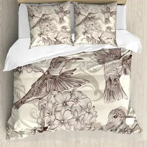 Пододеяльник ABAKUHAUS "Колибри", с изображением старых птиц и цветов, с защитой от клещей, подходит для аллергиков, с наволочками, 200 x 200 см - 80 x 80 см, кремово-бежево-коричневый