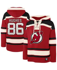 Мужская толстовка с капюшоном на шнуровке Big Tall Jack Hughes красная New Jersey Devils '47 Brand