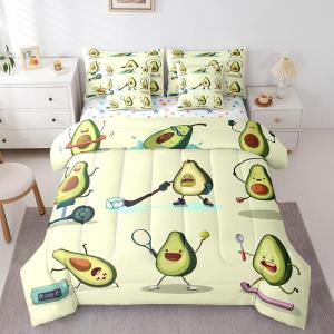 Erosebridal Комплект постельного белья Funny Avocados с мультяшным авокадо, включает пододеяльник, простыни и наволочки, Green Brown