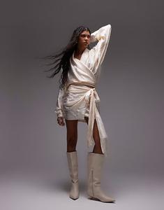 Мини-юбка из атласного жаккарда ASOS DESIGN цвета экрю с завязками по бокам