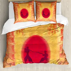 Пододеяльник ABAKUHAUS из Японии, Ninjas Vintage Sunset, с защитой от клещей, подходит для аллергиков, с наволочками, 155 см x 220 см - 80 x 80 см, горчичный и фиолетовый Abakuhaus