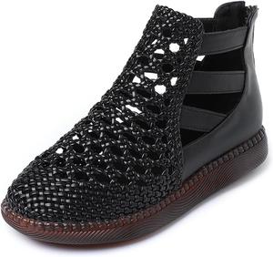 Женские сандалии из натуральной кожи с плетением, вырезами, высоким верхом, плоской подошвой, ретро с круглым носком, задней молнией, подошвой из говяжьей кожи, открытой щиколоткой, удобные, дышащие, повседневные сандалии GLBDU, Black