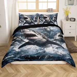 Erosebridal Комплект постельного белья Shark с 3D принтом акулы в морском стиле для детей и подростков, Grey White