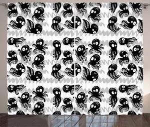 Штора ABAKUHAUS Кальмар в деревенском стиле, мультяшная Дикая природа в море, присборенная штора для спальни с петлями и крючками, 280 x 245 см, цвет: черный, белый, серый Abakuhaus