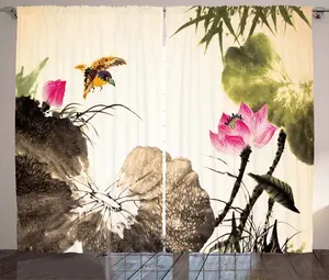 Штора ABAKUHAUS Art Rustic, Прыгающая птица в лотосе, универсальная ленточная штора для гостиной с петлями и крючками, 280 x 225 см, цвет: розовый, серо-коричневый, кремовый Abakuhaus