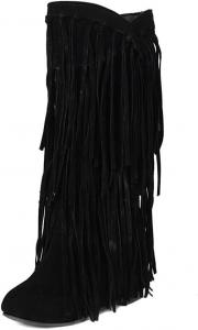 Женские зимние ковбойские ботинки с бахромой, женские модные ботинки с скрытым каблуком до колена, повседневные ботинки с круглым носком и кисточками LZXBZAI, Black