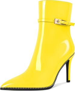 Женские ботильоны Soireelady с заостренным носком и высоким каблуком, украшенные бисером, короткие ботинки с металлической пряжкой и боковой молнией, каблук 10 см, Yellow