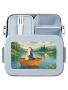 Mr. & Mrs. Panda Ланчбокс с изображением пингвина в рыбацкой лодке, без слогана, пастельно-голубого цвета