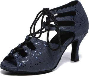 Женские латинские танцевальные ботинки SWDZM с открытым носком для бальных и сальса выступлений и тренировок, кружевные ботильоны для танцев, L531-Blue-Heel 3"-Full Suede Sole