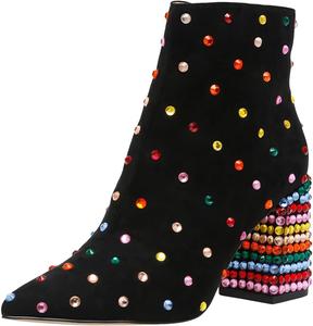 Женские модные ботильоны FSJ с заостренным носком, на среднем блочном каблуке, удобные, из замши с кристаллами и заклепками, боковая молния, вестерн-стиль, размеры US 4-15, Black