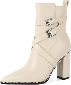 Женские ботильоны AUMOTED с заостренным носком, украшенные бисером, массивным каблуком 3,5 дюйма, с боковой молнией, вестерн-стиль, Matte Beige