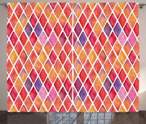 Штора ABAKUHAUS в деревенском стиле, абстрактная мозаика в форме ромба, универсальная, ленточная штора для гостиной с петлями и крючками, 280 x 245 см, цвет: фиолетовый, розовый Abakuhaus
