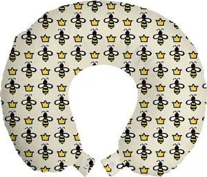 Подушка для шеи ABAKUHAUS "Королева пчел", мультяшный стиль, короны пчел, дорожный аксессуар из пеноматериала для самолета и автомобиля, 30 x 30 см, цвет "яичная скорлупа", горчичный Abakuhaus